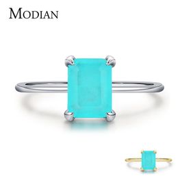 Modian Authentic 925 Sterling Silver Wedding Rings Classic Rectangle Tourmaline Paraiba Female Finger Ring For Women Charm Fine Je360B