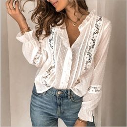 Women's Blouses & Shirts Long Flare Sleeve Lace Floral OL Women Shirt Tops 2023 Sexy V-neck Buttons Up Dot Hollow Out Ruffles White BlousesW