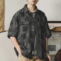 Men's Casual Shirts High Quality Plaid Denim Shirt Men Japanese Style Short Sleeved Summer Loose Trend Overalls Coat