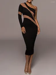 Casual Dresses See-through Mesh Patchwork Midi Dress Black Long Sleeve Sexy One Shoulder For Women 2023 Party Outfits Ropa De Mujer