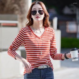 Women's T Shirts Shirt Women Long Sleeve V-neck Striped Cotton T-shirt Fashion Casual Tops Spring Autumn Basic Tshirts