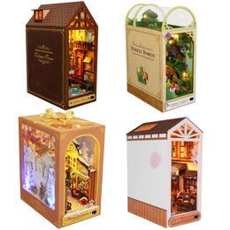 Decorative Objects Figurines DIY Book Nook Kit Shelf Insert Miniature Building Kits Wooden Bookshelf Room Dollhouse Bookend Toys for Adults Birthday Gifts 231130