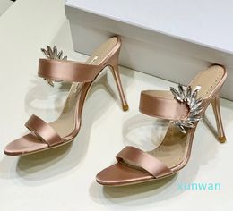 Nude stiletto Heels slippers Rhinestones mules Sandals real silk strap high heel luxury designer shoes open toes slip-on slides women party heeled With box