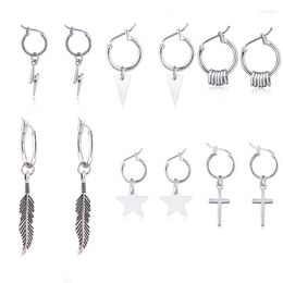 Hoop Earrings 1 Pair Stainless Steel Star Feather For Men/Women Cross Triangle Circle Pendant Punk Gothic Metal Jewelry