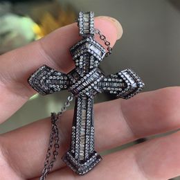 Hip Hop Retro Cross Pendant Fashion Jewelry 925 Silver&Black Gold Fill Lucky Women Wedding 5A White Clear CZ Diamond Chain Necklac295M