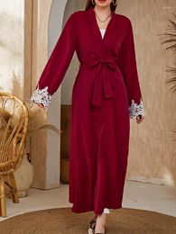 Casual Dresses Red Solid Self Belted Plus Size Kimono Bikini Wrap Dress Autumn 2023 Clothes Women Lace Maxi Arabian Robe A2132