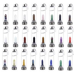Natural Crystal Water Bottle Point Healing Obelisk Wand Elixir Quartz Crystal Glass Water Bottle Wooden Cup Cove Drop Shipping FY4948