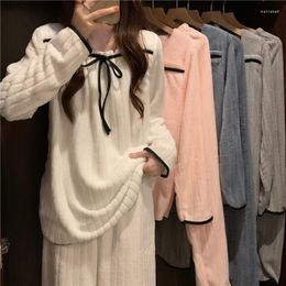 Women's Sleepwear Coral Fleece Casual Pajamas For Women Winter Simple Student Soft Flannel Long Sleeve Top Pants Loose Nightwear Suit D728