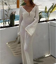 Women's Swimwear Yiiciovy Sexy Women Long Knit Beach Dress Hollow-Out Deep V-Neck Sleeve Bikini Cover-Ups Fall Backless Holiday