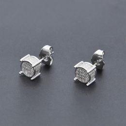 Hip Hop Iced Out Silver Lab Diamond Screw Back Stud Earring 3d Round Side CZ Simulated Jewelry233a