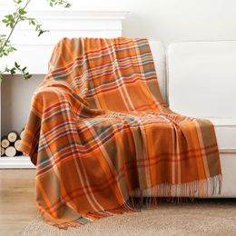 Blanket Battilo Orange Throw Blanket Buffalo Plaid Blanket for Sofa Super Soft Faux Cashmere Blanket with Tassel Fall Decor Throws 231129