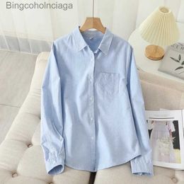 Women's Blouses Shirts Casual Cotton Women's Oxford Shirt 2022 Autumn New Good Quality Woman Blouse and Tops Lady White Blue Striped Shirts ClothesL231130