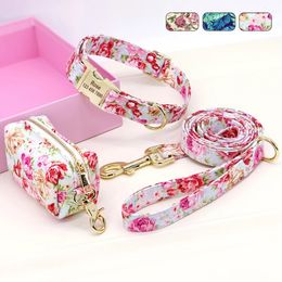 Dog Collars Leashes Personalised Dog Collar Leash With Bag Nylon Printed Pet ID Collars Lead Rope Portable Dogs Travel Bag for Snack Whistle Key 231129