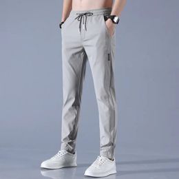 Mens Pants Ice Silk Summer Black Grey Thin Business Casual Outdoor Elastic Breathable Straight Leg Sweatpants 231129