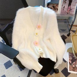 Women's Knits #7445 Spring Autumn Cardigan Coat Women V-neck Short Mohair Sweater Female Mink Cashmere Flower Slim Knitwear