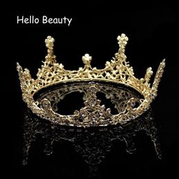 Gold Colour Baroque Vintage Men Diadem Large Crystal Full Round Prom King Crown Wedding Pageant Queen Tiara Bridal Hair Jewellery Y19224S