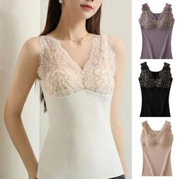 Camisoles & Tanks Bra Vest Anti-static Thickened Plush Sleeveless Women's Winter Flower Embroidery V Neck Lace Patchwork Slim Fit Padded