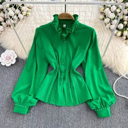 Women's Blouses European And American Style Design French Edge Stand-up Collar Puff Sleeves Loose Drill Button Shirt Top