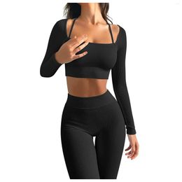 Active Sets Yoga Outfits For Women 2 Piece Seamless Ribbed Workout High Waist Leggings With Crop Top Exercise Set Mats