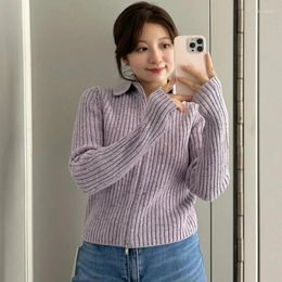 Women's Knits Lapel Spotted Texture Wool Blend Sweater Zipper Jacket Coat Purple Autumn And Winter Women Cardigan