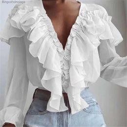 Women's Blouses Shirts Elegant Ruffles Chiffon Shirts Women Long Puff Sle V Neck Women Blouse Korean Fashion All-match Casua Loose Tops Blusa CamisaL231130