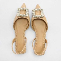 New Sandals Womens Flat Woven Summer Woman Pearl Beads Slingback Slippers Female Pointed Toe Sandal Plus Size 230406