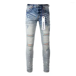 Men's Jeans Purple Wash Pants Streetwear High Waist Blue Slim Paint Graffiti Pattern Damaged Hole Stretch Ripped Denim