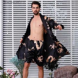 Men's Robes Large Size 4XL 5XL Men Satin Robe Set Dragon Print 2PCS Sleepwear Silky Nighty Robe Set Casual Kimono Gown Loose Home Wear L231130