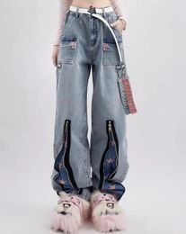 Women's Jeans Y2K Denim Overalls Women Zipper Star Print Design Loose Straight Leg Casual Pants Pantalones De Mujer