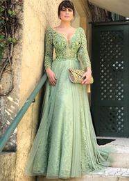 Chic Sage Lace Mother Of The Bride Dresses V-Neck Long Sleeves Floor Length A Line Wedding Guest Dress For Women Elegant Godmother Formal Occasion Dress 2024