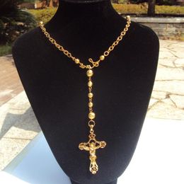 Pendant Necklaces Loyal Women Cool Fine Yellow 18 K Solid Gold Filled Holy Rosary Jesus Cross Wide Beads Chain Necklace Fixed Ensemble