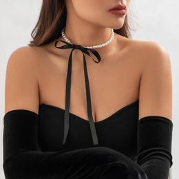 Choker Pearl Beads Chain Spliced Cloth Strip Necklace For Women Trendy Elegant Lace Up Collar 2023 Fashion Jewellery Accessories