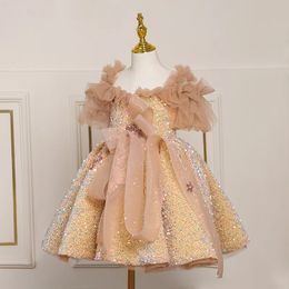 Girl s Dresses Children Prom Dress ChicTulle Off The Shoulder Gold Sequined Princess Kids Girls Party Performance Costume Ball Gown2023 231130