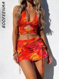 Work Dresses BOOFEENAA Beach Vacation Cute Outfits For Women 2 Piece Sets Red Print Deep V Twist Halter Top And Drawstring Mini Skirt