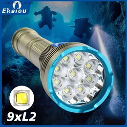 Torches 9 LED L2 White / Yellow Light Diving Flashlight 150M Underwater Waterproof 26650 Tactics Dive Torch Caving Spearfishing Lamp Q231130