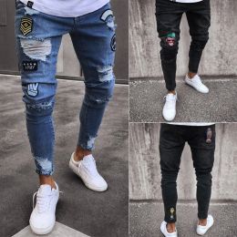 QNPQYX New Fashion Mens Jeans Skinny Rip Slim Stretch Denim Distress Frayed Biker Jeans Boys Embroidered Pencil Trousers