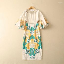 Casual Dresses European And American Women's Clothes 2023 Spring Lantern Sleeve Nail Beads Round Neck Printing Fashionable Cotton Dress