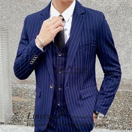 Men's Suits Royal Blue PrinStriped Mens Peaked Lapel Wedding Groom Tuxedos Slim Fit Business Male Blazer 3 Pieces Set Terno Masculino