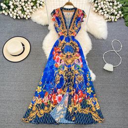 Casual Dresses Fashion Elegant Temperament Flying Sleeve V-neck Closed Waist Slimming Single Breasted Printed Large Swing Dress