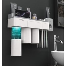Magnetic Toothbrush Holder with Toothpaste Squeezer with Cups for 2 3Persons in Bathroom Storage Rack Nail Mount Y200407171W