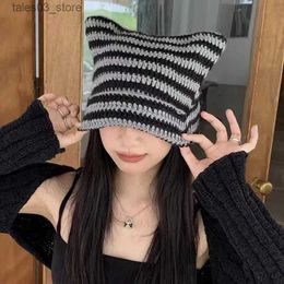 Beanie/Skull Caps Japanese Y2K Little Devil Striped Beanies Women Winter Cute Hat with Ears Knitted Wool Cap Girls Pullover Skulles Halloween Hats Q231130