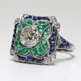 Elegant Emerald Zircon Blue Topaz Silver Plated Ring European and American Popular Hand Jewellery for Mom' Birthday Gift277B
