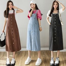 Casual Dresses Korean Fashion Women Denim S-5XL Sleeveless Solid Loose Strap Maxi Dress Spring Female Jean Frock