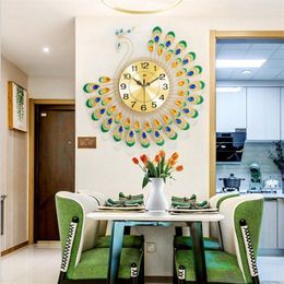 Large 3D Gold Diamond Peacock Wall Clock Metal Watch for Home Living Room Decoration DIY Clocks Crafts Ornaments Gift271e