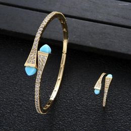 Necklace Earrings Set Fashion Brand Gold Colour Cubic Zirconia Bracelet Ring For Women Dubai Geometry Open Bangle Cuff Party Jewellery Gift