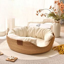 kennels pens YOKEE Pet Cat Mat Dog Bed Sofa Handmade Bamboo Weaving Four Season Cosy Nest Baskets Waterproof Removable Cushion Sleeping House 231124