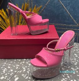 clear crystal platform Mule Slippers Slides Sandals heeled platform pumps chunky block heels155mm women's luxury designers evening shoes Sizes