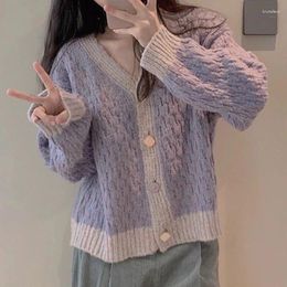 Women's Knits Biyaby Purple V-Neck Sweater Cardigan Woman Korean Style Lazy Loose Long Sleeve Coats Women 2023 Fashion Colour Block Knit