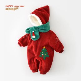 Rompers Winter Baby Girls Christmas Tree Jumpsuit Hairy Plus Thick Snowflake Embroidery Hooded born Girls Romper With Scarf 231130