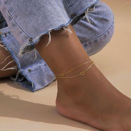 Anklets Women's Dainty Jewellery For Daily Beach Holiday Gold Colour Stainless Steel Hollow Heart Shape Double Chains Charm Anklet